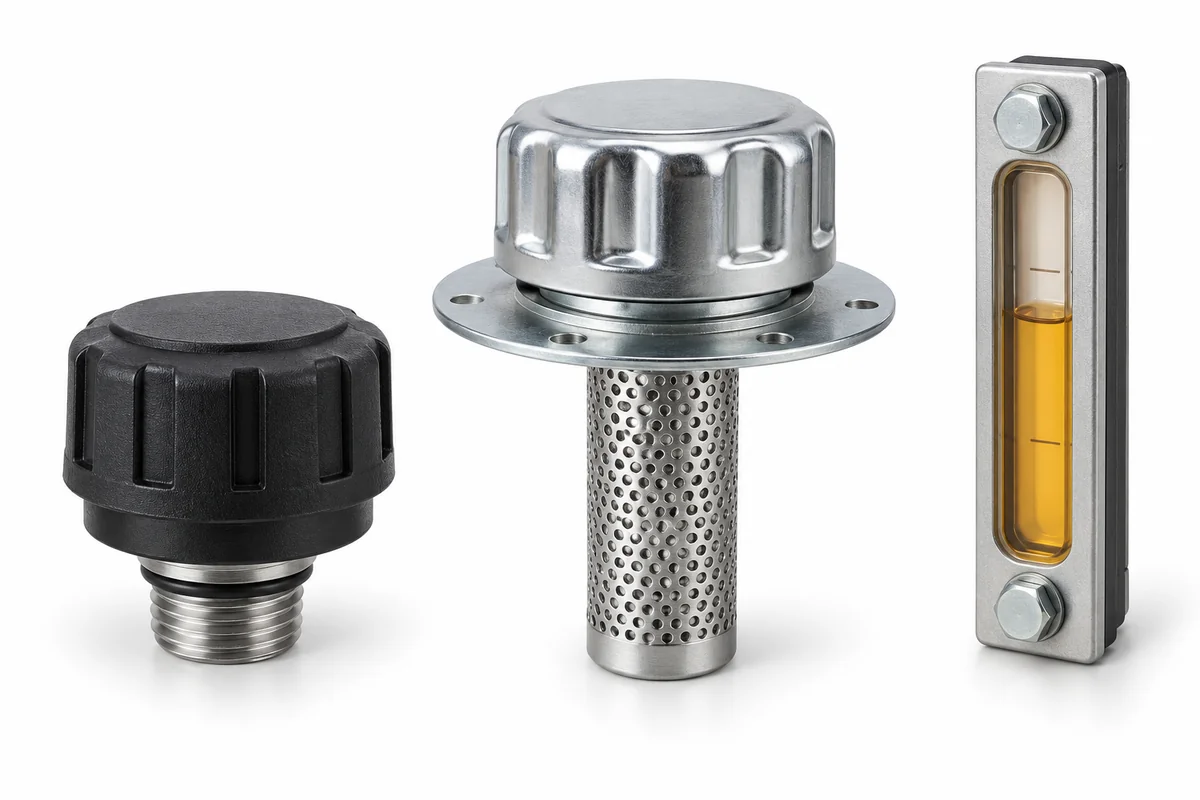Bouchons de remplissage, reniflard et indicateur de niveau pour réservoir hydraulique