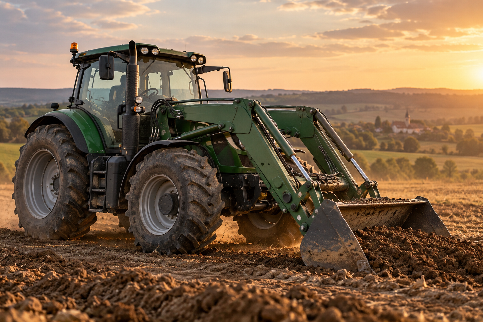 Illustration d’un tracteur équipé d’un chargeur hydraulique dans un champ
