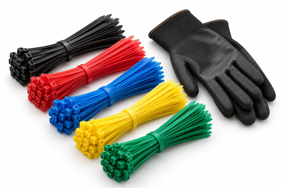 Colliers de serrage plastique noirs et colorés et gants de travail